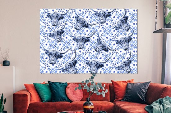 Wanddecoratie Metaal - Aluminium Schilderij Industrieel - Schotse hooglander - Delfts blauw - Patroon - 150x100 cm - Dibond - Foto op aluminium - Industriële muurdecoratie - Voor de woonkamer/slaapkamer