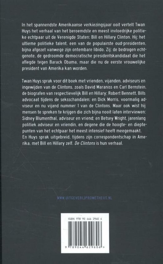 Achterkant van het boek 'De Clintons' met een beschrijving van de inhoud en ISBN.
