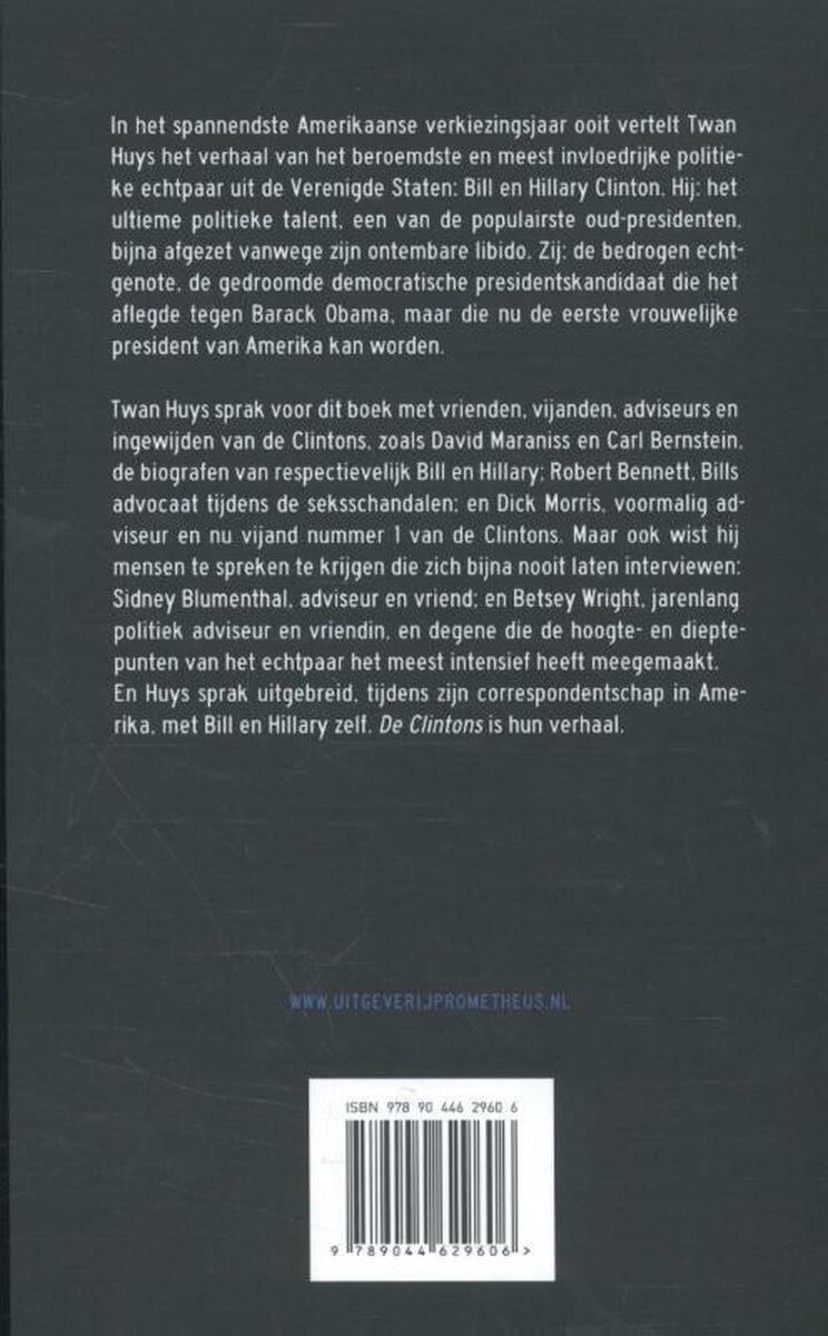 Achterkant van het boek 'De Clintons' met een beschrijving van de inhoud en ISBN.