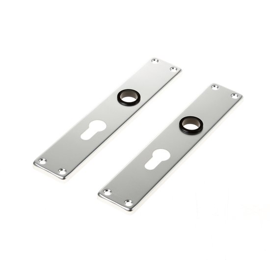 Deux rosaces de porte argentées avec trou de serrure et anneau noir, fixées par quatre vis de chaque côté.