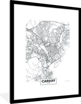 Fotolijst incl. Poster - Stadskaart - Cardiff - Wales - Zwart - Wit - 60x80 cm - Posterlijst - Plattegrond