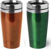 Set van 2x stuks Warmhoudbekers/warm houd bekers metallic oranje en groen 450 ml