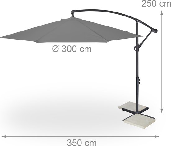 zweefparasol met voet - Ø 300 cm - met hoes en zwengel - draaibaar - kruisvoet - grijs
