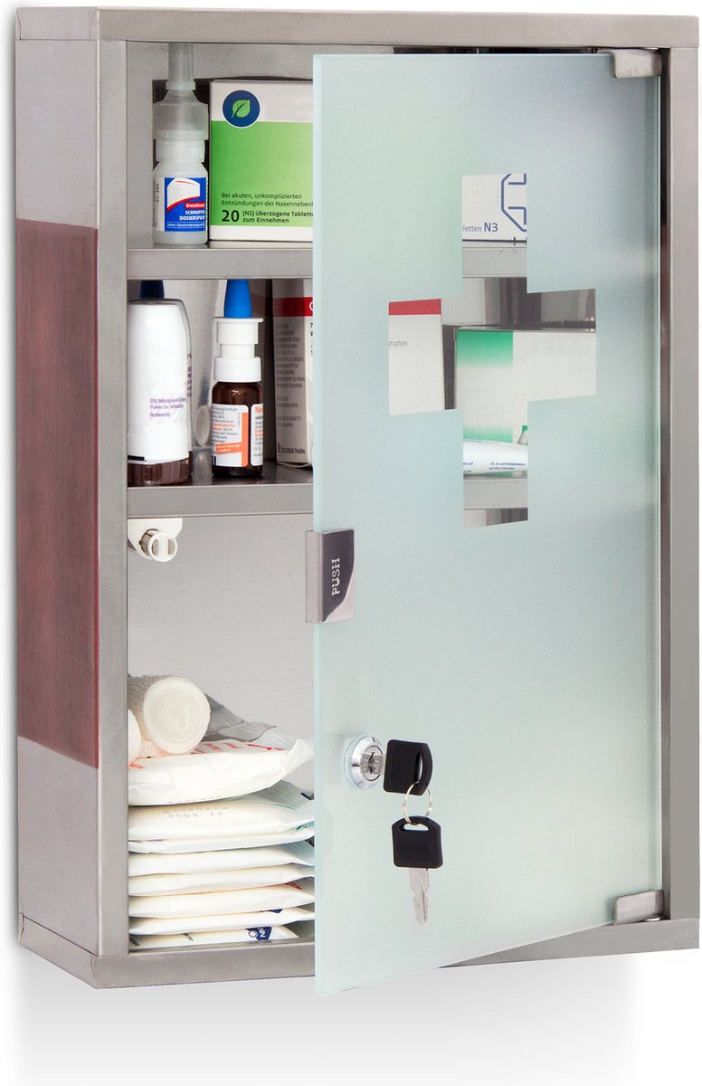 medicijnkast rvs - houtlook - 45 x 30 x 12 cm - 3 vakken - glazen deur - zilver-bruin