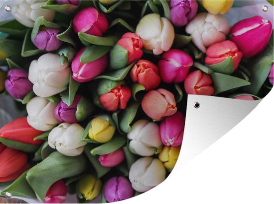 Tuinschilderij Bloemen - Boeket - Tulpen - 80x60 cm - Tuinposter - Tuindoek - Buitenposter