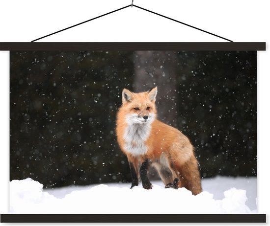 Posterhanger incl. Poster 60x40 cm - Schoolplaat - Vos - Sneeuw - Winter - Textielposter - Zwarte latten