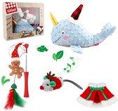 Kerst cadeaubox voor Katten met 4 leuke kerstspeeltjes - 2 knuffeltjes - speelhengeltje - kerstsjaaltje - Kerstcadeau voor katten