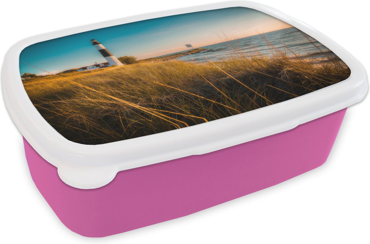 Broodtrommel Roze - Lunchbox - Brooddoos - Vuurtoren - Zee - Amerika - 18x12x6 cm - Kinderen - Meisje