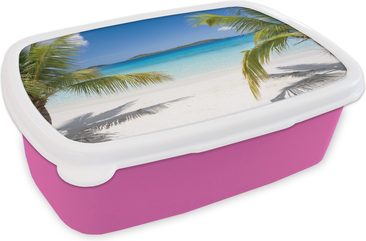 Broodtrommel Roze - Lunchbox - Brooddoos - Strand - Palmen - Tropisch - 18x12x6 cm - Kinderen - Meisje