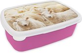 Broodtrommel Roze - Lunchbox - Brooddoos - Schapen - Wol - Wit - 18x12x6 cm - Kinderen - Meisje