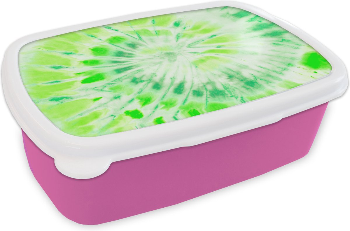 Broodtrommel Roze - Lunchbox - Brooddoos - Tie dye - Schelp - Groen - 18x12x6 cm - Kinderen - Meisje