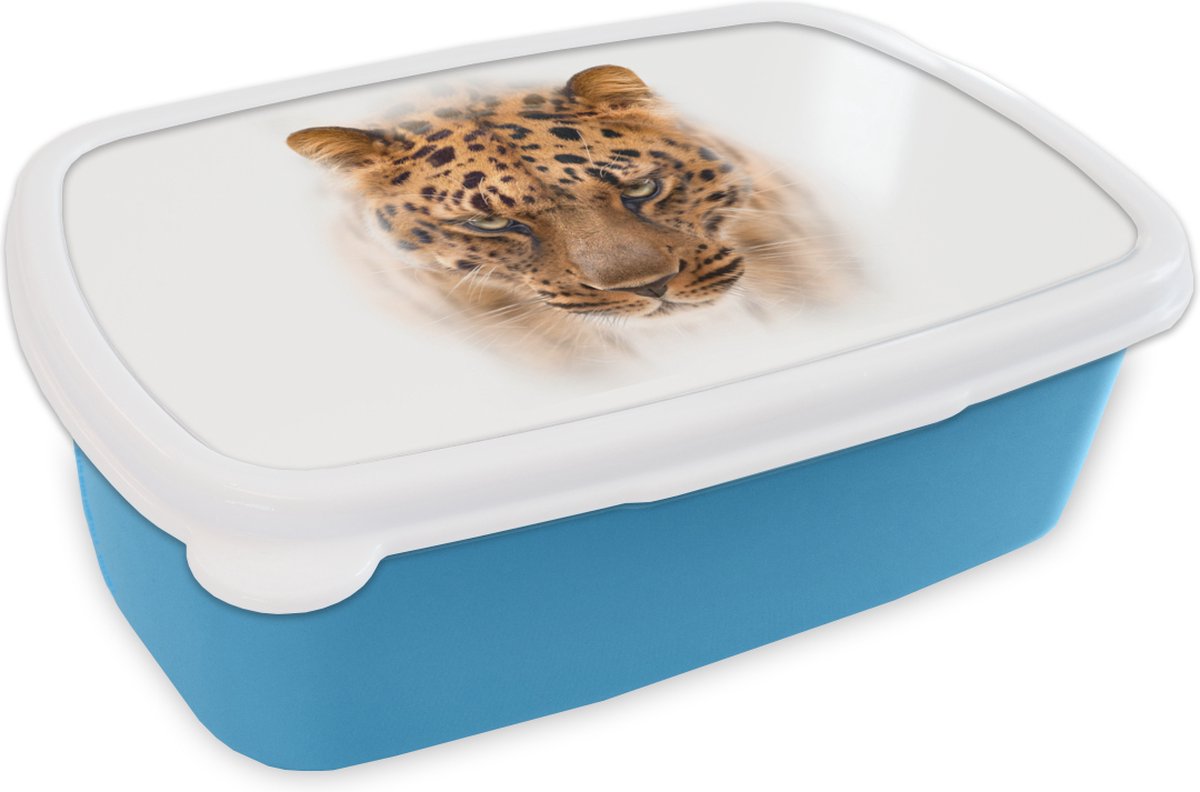 Broodtrommel Blauw - Lunchbox - Brooddoos - Luipaard - Wit - Gezicht - 18x12x6 cm - Kinderen - Jongen