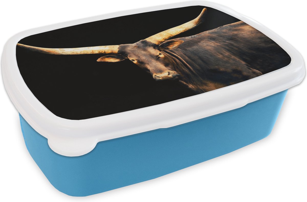 Broodtrommel Blauw - Lunchbox - Brooddoos - Koe- Watussi - Bruin - 18x12x6 cm - Kinderen - Jongen