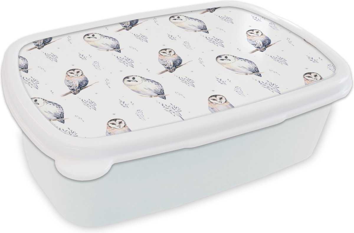 Broodtrommel Wit - Lunchbox - Brooddoos - Winter - Uil - Wit - 18x12x6 cm - Volwassenen