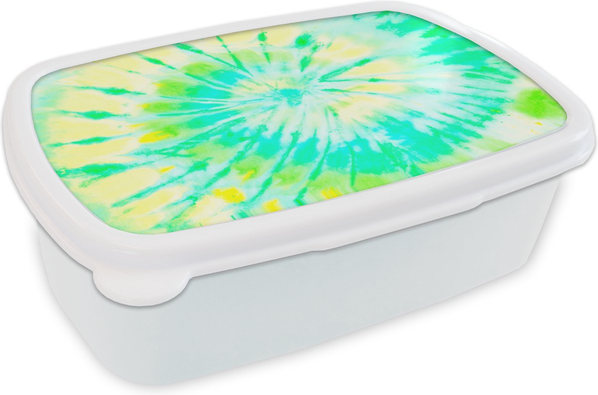 Broodtrommel Wit - Lunchbox - Brooddoos - Tie dye - Geel - Groen - 18x12x6 cm - Volwassenen