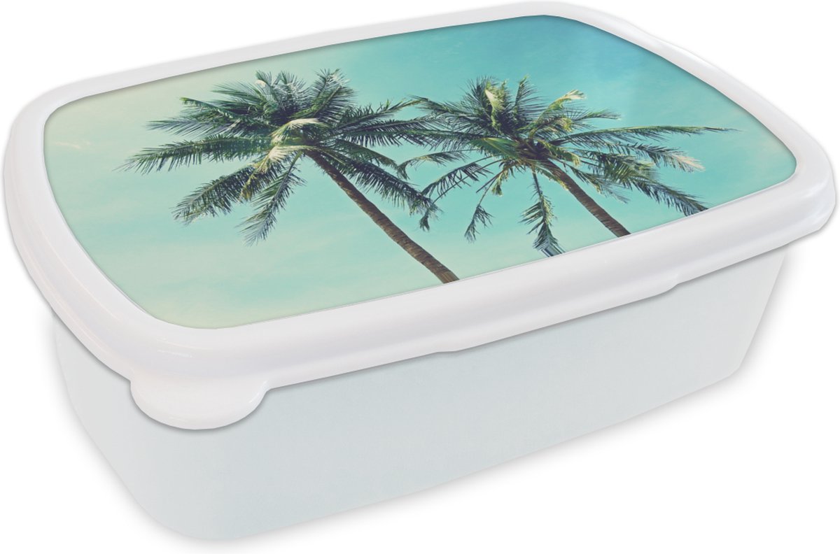 Broodtrommel Wit - Lunchbox - Brooddoos - Zomer - Palmboom - Blauw - 18x12x6 cm - Volwassenen