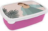 Broodtrommel Roze - Lunchbox - Brooddoos - Zomer - Vrouw - Planten - Tropisch - 18x12x6 cm - Kinderen - Meisje