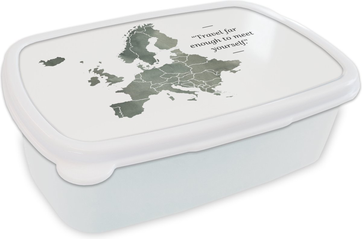 Broodtrommel Wit - Lunchbox - Brooddoos - Kaart Europa - Quotes - Grijs - 18x12x6 cm - Volwassenen