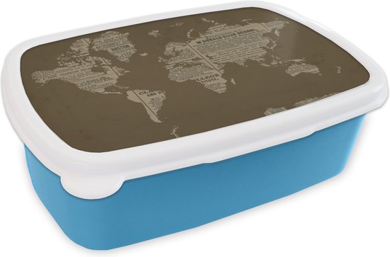 Bread Bin Blauw - Boîte à lunch - Boîte à pain - Carte du Wereldkaart - Rétro - Journal - 18x12x6 cm - Enfants - Garçon