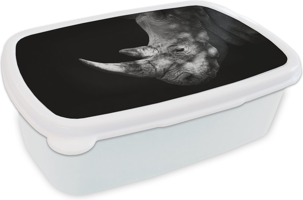 Broodtrommel Wit - Lunchbox - Brooddoos - Neushoorn - Dier - Licht - 18x12x6 cm - Volwassenen