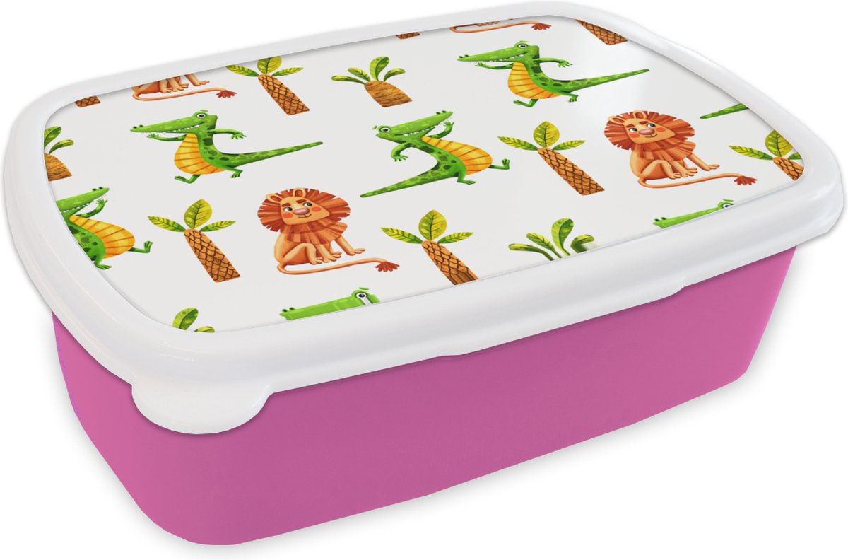 Broodtrommel Roze - Lunchbox - Brooddoos - Jungle - Leeuw - Krokodil - 18x12x6 cm - Kinderen - Meisje