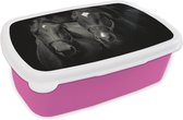 Broodtrommel Roze - Lunchbox Paarden - Dieren - Zwart - Brooddoos 18x12x6 cm - Brood lunch box - Broodtrommels voor kinderen en volwassenen