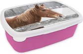 Broodtrommel Roze - Lunchbox Paard - Sneeuwvlok - Hek - Winter - Brooddoos 18x12x6 cm - Brood lunch box - Broodtrommels voor kinderen en volwassenen