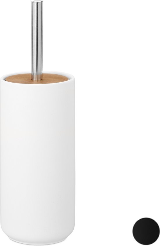 Relaxdays toiletborstel met houder rond - keramiek - wc borstel - staand - bamboe - modern - wit