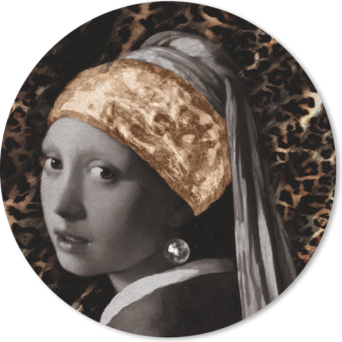Muismat rond 40x40 cm - Mousepad Meisje met de parel - Bruin - Panterprint - Ronde muismatten
