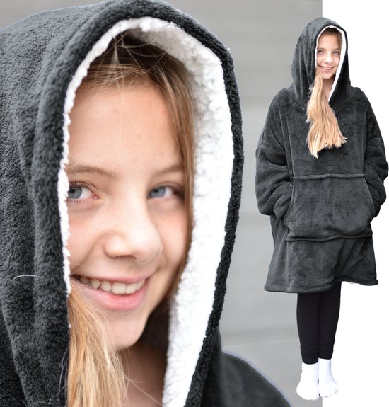 HOMELEVEL Sherpa Winter Hoodie XL Sweatshirt Pullover Oversize voor Kinderen Pullover Dekentje Huis Trui Buiten Binnen - Antraciet