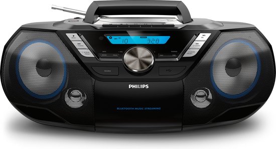Zwarte Philips radio/CD-speler met DAB+ en Bluetooth, met uitklapbaar handvat.