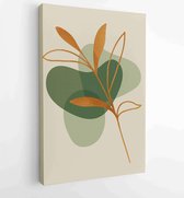 Canvas schilderij - Green and earth tone background foliage line art drawing with abstract shape and watercolor 2 -    – 1922511887 - 50*40 Vertical