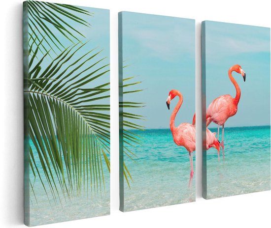 Artaza Canvas Schilderij Drieluik Twee Flamingo's in het Water - 120x80 - Foto Op Canvas - Canvas Print