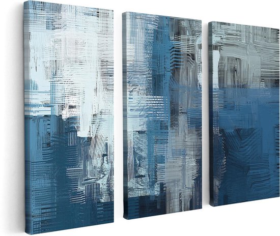 Artaza Canvas Schilderij Drieluik Abstracte Kunst - Blauw Witte Penseelstreken - 120x80 - Foto Op Canvas - Canvas Print