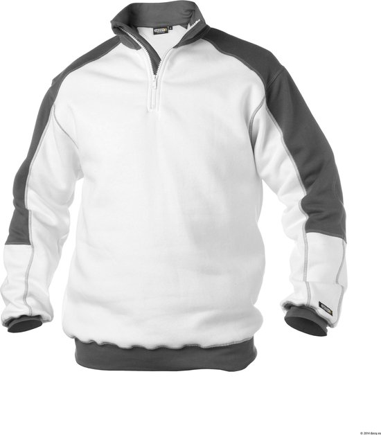 Witte sweater met donkergrijze mouwen en kraag, halve rits, en gestikte naden.