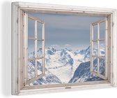 Canvas Schilderij Doorkijk - Berg - Sneeuw - 90x60 cm - Wanddecoratie