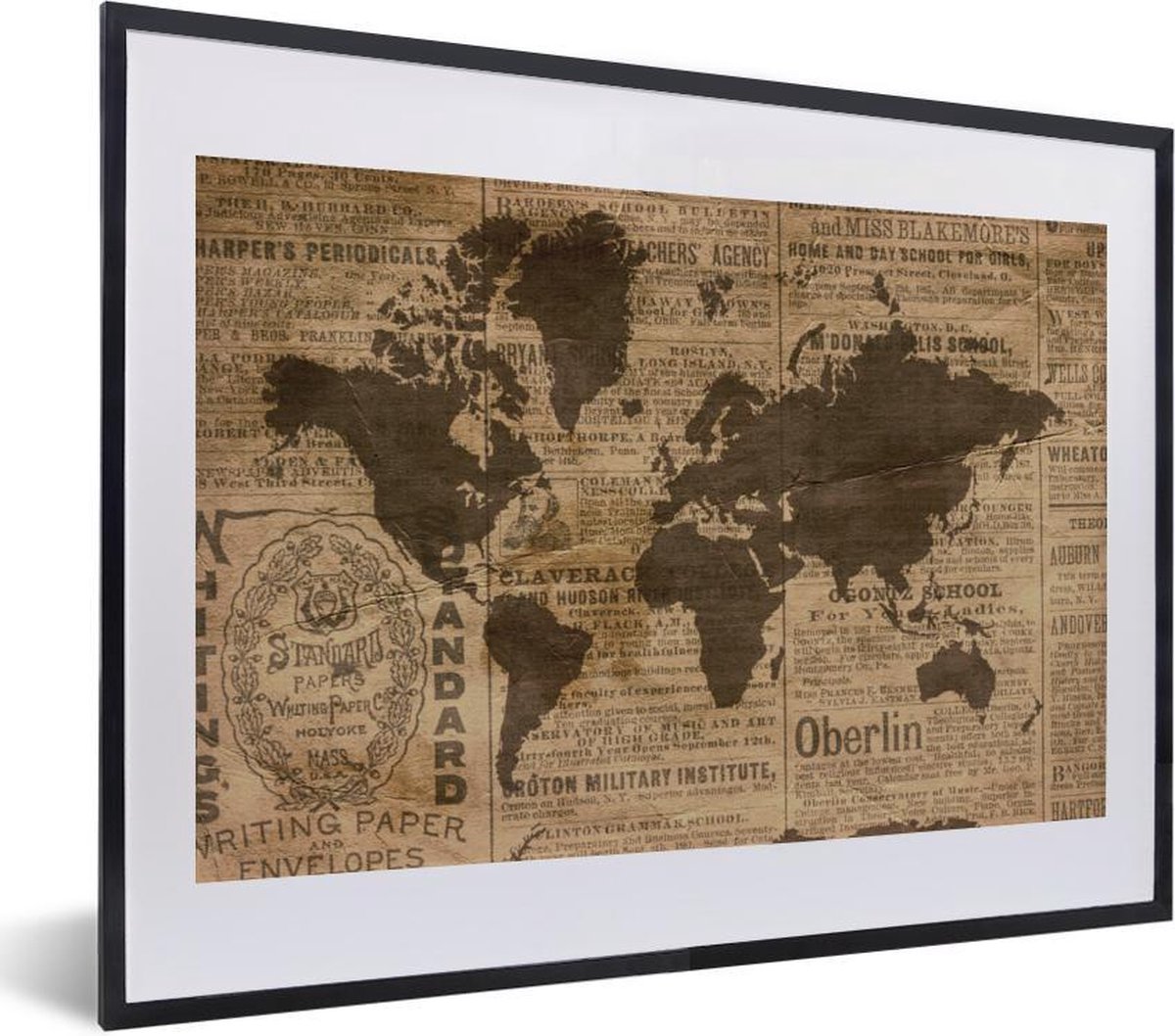 Fotolijst incl. Poster - Wereldkaart - Retro - Krant - 40x30 cm - Posterlijst