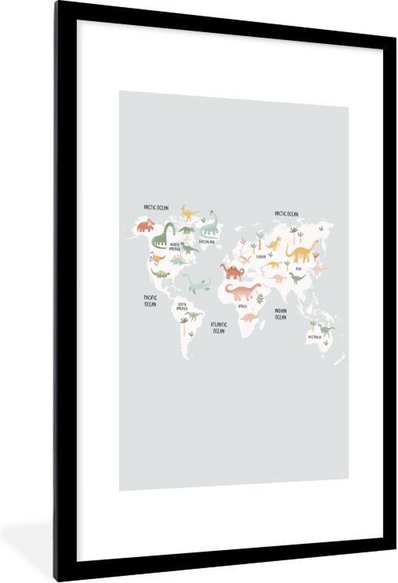 Afbeelding van product PosterMonkey  Poster met lijst Wereldkaart - Kind - Dino - 60x90 cm