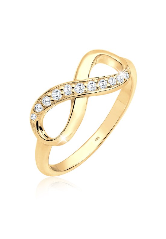 Bague dorée avec symbole infini, sertie de 9 cristaux de zirconium scintillants. Argent 925.