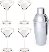 4x Cocktailglazen / Margarita glazen transparant 300 ml + Cocktailshaker semi-matte 550 ml RVS - Cocktails maken - Mix/shake bekers