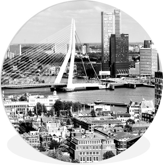 WallCircle - Wandcirkel ⌀ 90 - Rotterdam - Skyline - Zwart - Wit - Ronde schilderijen woonkamer - Wandbord rond - Muurdecoratie cirkel - Kamer decoratie binnen - Wanddecoratie muurcirkel - Woonaccessoires