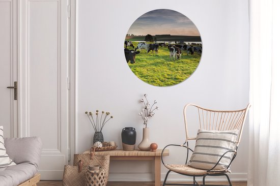 WallCircle - Stickers muraux - Cercle de papier peint - Vache - Herbe - Coucher de soleil - 100x100 cm - Cercle mural - Autocollant - Sticker papier peint rond XXL