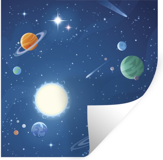 Muurstickers - Sticker Folie - Een illustratie van de met planeten gevulde ruimte - 120x120 cm - Plakfolie - Muurstickers Kinderkamer - Zelfklevend Behang XXL - Zelfklevend behangpapier - Stickerfolie