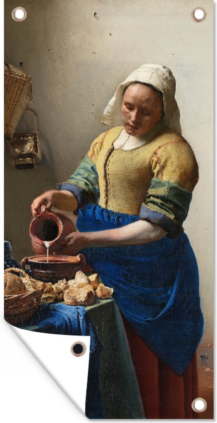 Wanddecoratie buiten Het melkmeisje - Johannes Vermeer - 80x160 cm - Tuindoek - Buitenposter