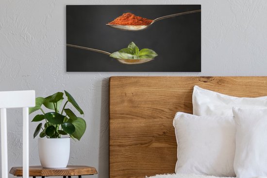 Canvas schilderij 40x20 cm - Wanddecoratie Kruiden - Lepel - Specerijen - Zwart - Italiaans - Muurdecoratie accessoires - Keuken decoratie muur - Schilderijen op canvas
