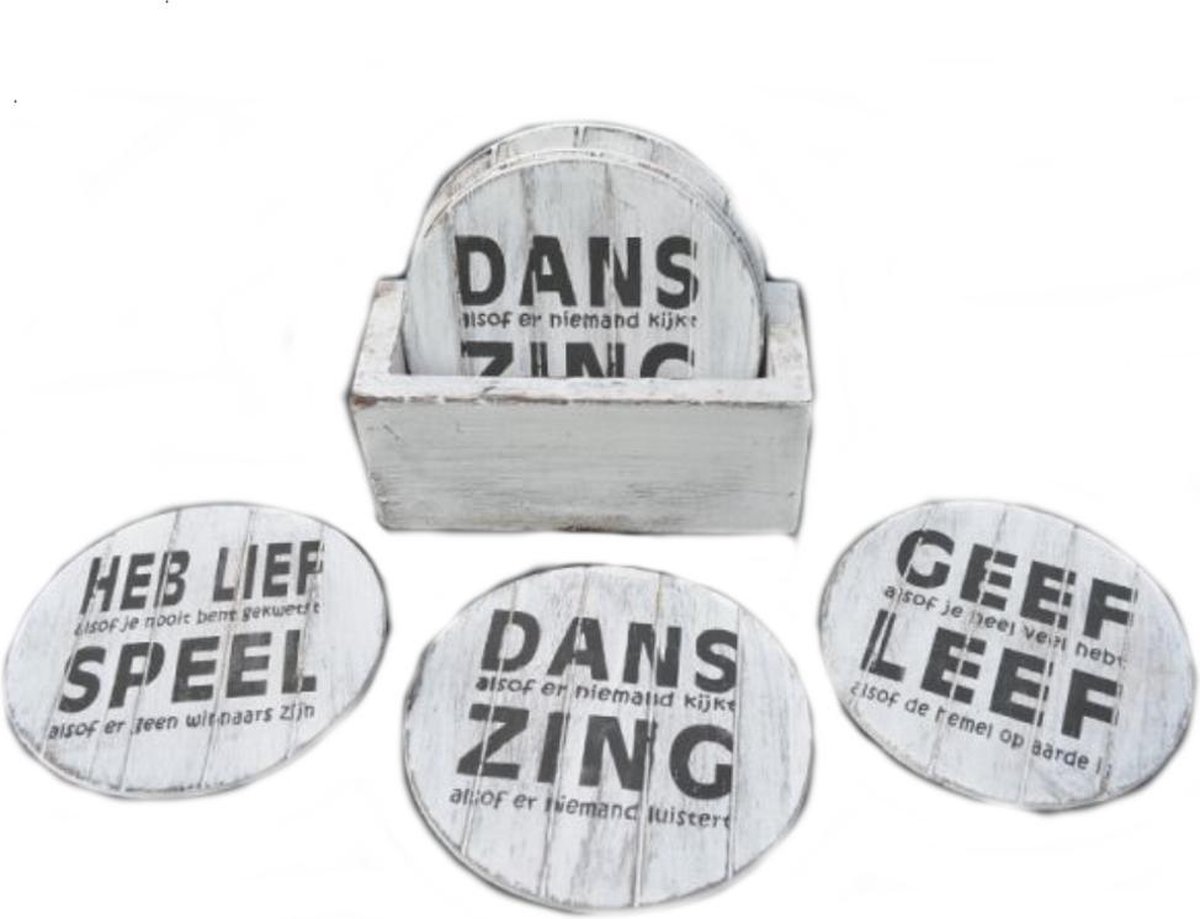 BonTon - Houten Onderzetters Rond met Teksten - 6 stuks - 12 cm - Kleur Antiek Wit