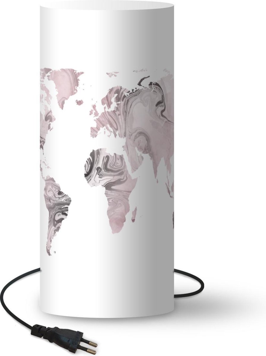 Lamp - Nachtlampje - Tafellamp slaapkamer - Wereldkaart - Verf - Roze - 70 cm hoog - Ø29.6 cm - Inclusief LED lamp