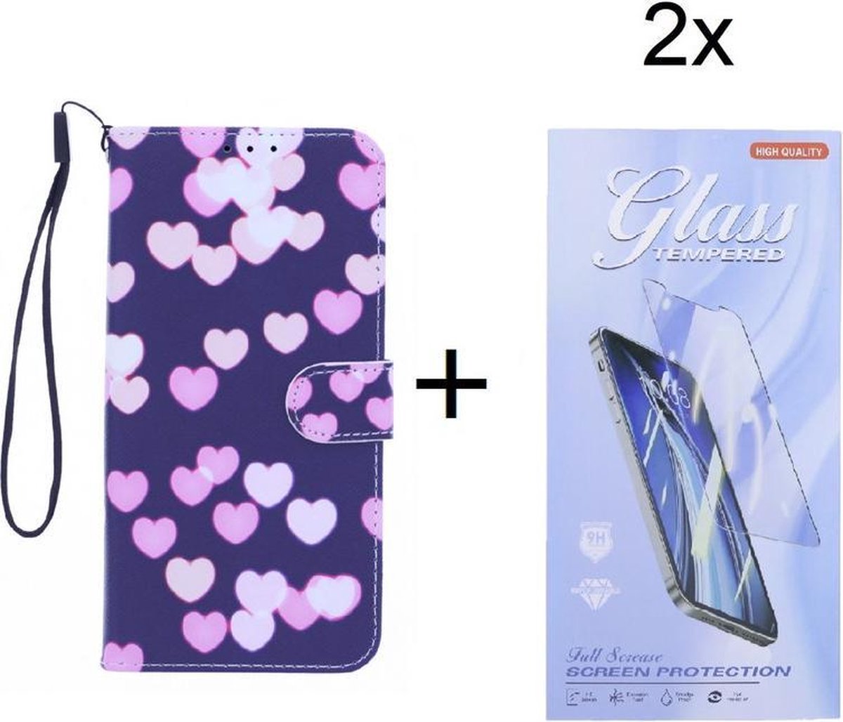 Bookcase Geschikt voor: Nokia 5.4 / 3.4 hoesje met print - Hearts met 2 stuks Glas Screen protector