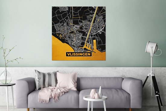 Décoration murale Métal - Aluminium Peinture Industrielle - Plan de la ville - Vlissingen - Or - Zwart - 90x90 cm - Dibond - Photo sur aluminium - Décoration murale industrielle - Pour le salon / chambre