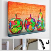 Decoratieve appel en peer, gemaakt van hout en met de hand beschilderd - Canvas Modern Art - Horizontaal - 363865049